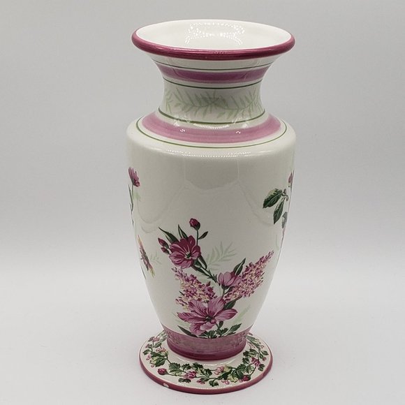 Laura Ashley Home Vintage FTD Ceramic Pink Florals & Greenery Fluted Vase - Picture 7 of 10